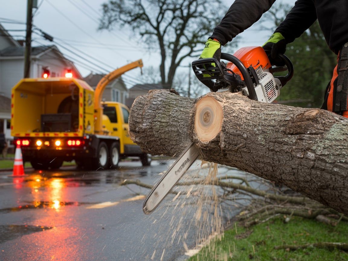 Person using chainsaw cuts a tree branch on a roadside. Yellow truck with a chipper in the background.