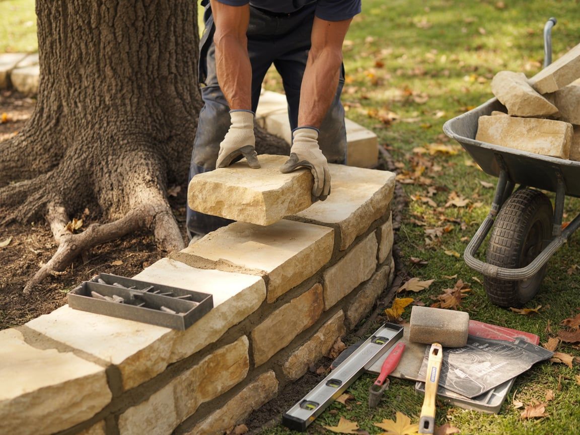 Man building a stone wall outdoors, placing a block. Tools, wheelbarrow, and tree in the setting.
