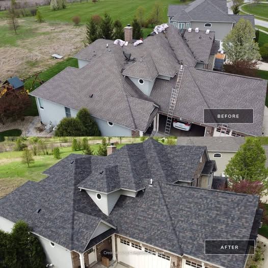 A before and after picture of a house with a new roof.