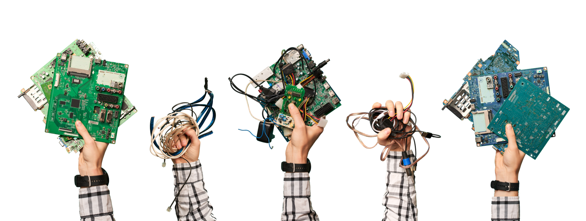 A group of people are holding pieces of electronic equipment in their hands.