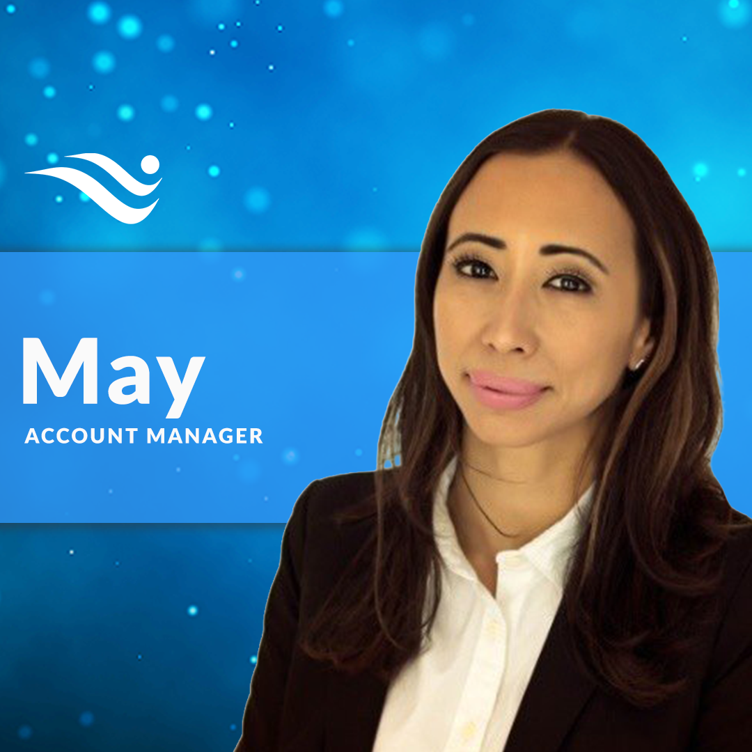 Professional portrait of Account Manager May against a blue background with a white company logo.