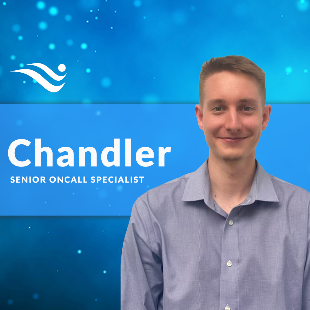 Chandler profile banner with smiling man on blue background and “Senior OnCall Specialist” text
