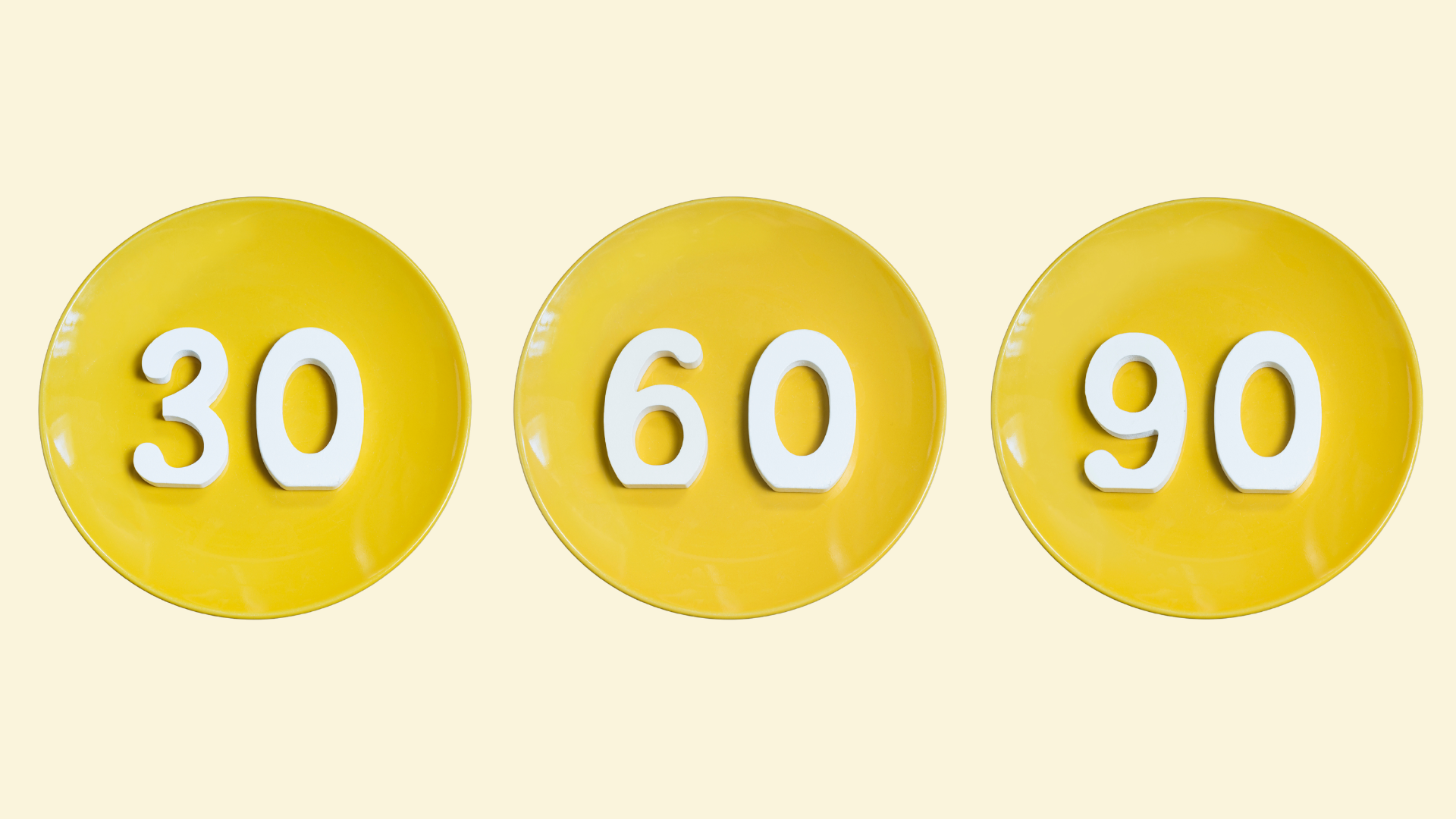 Yellow yellow plates with the numbers 30 60 and 90