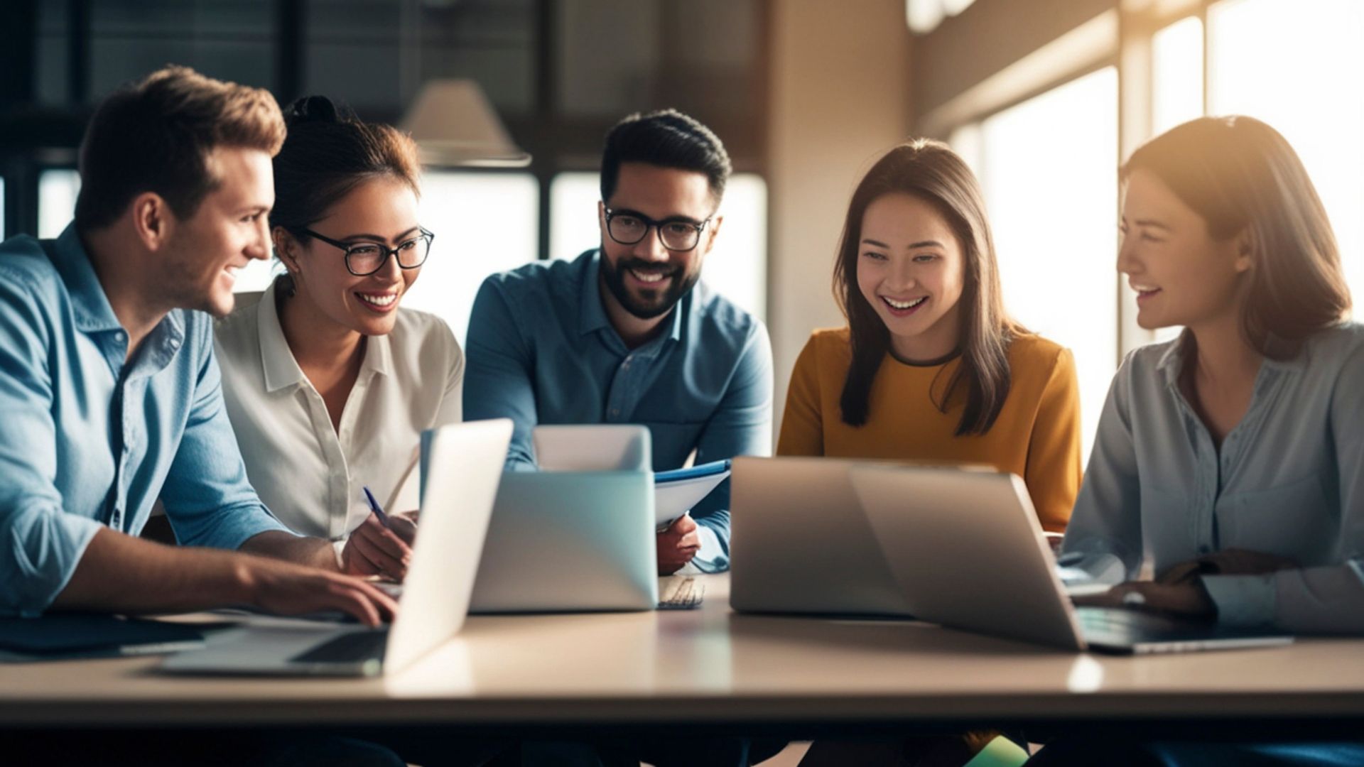 5 colleagues sitting at a table with lap tops in the office