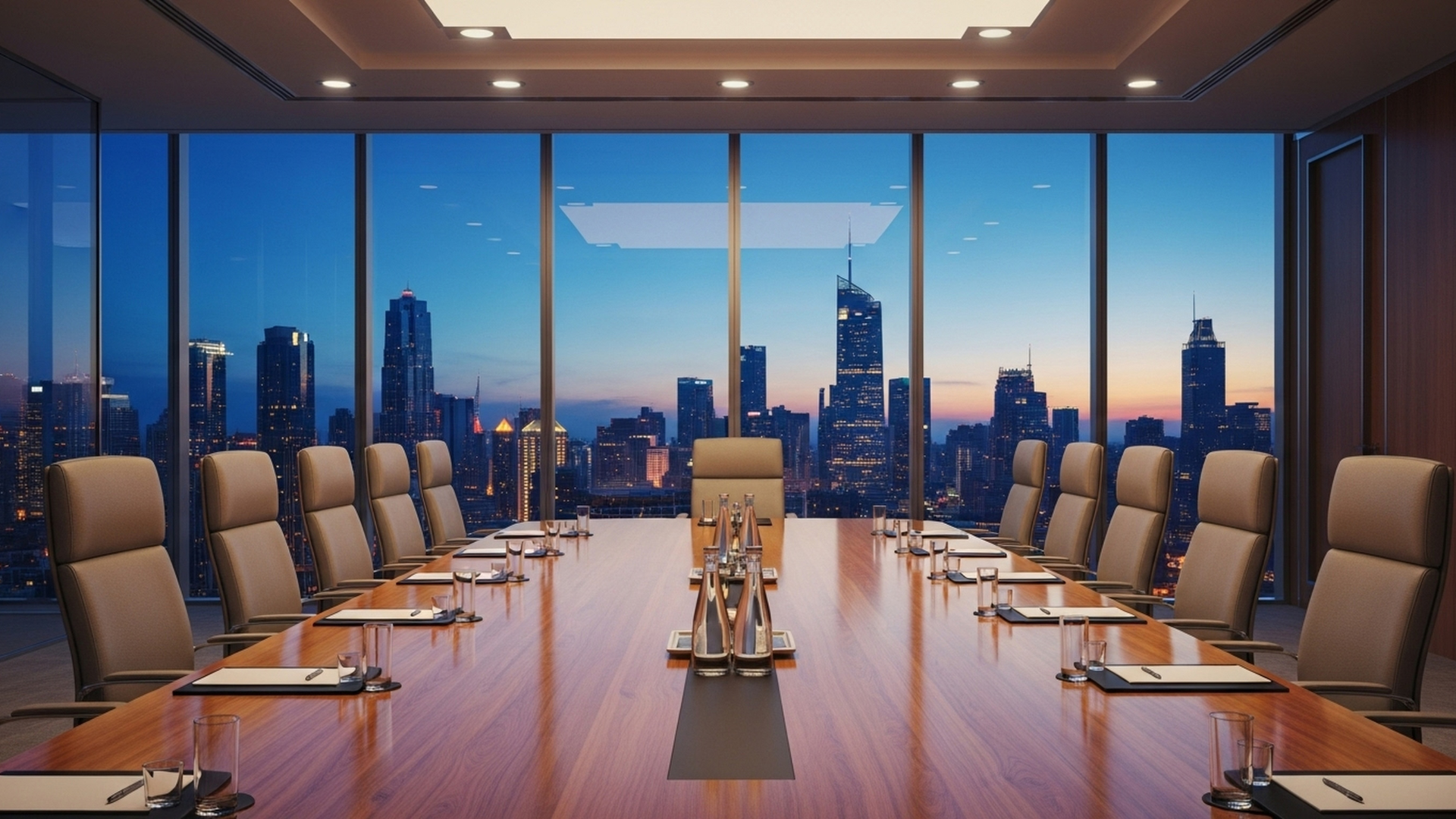 Executive leadership boardroom with city skyline.