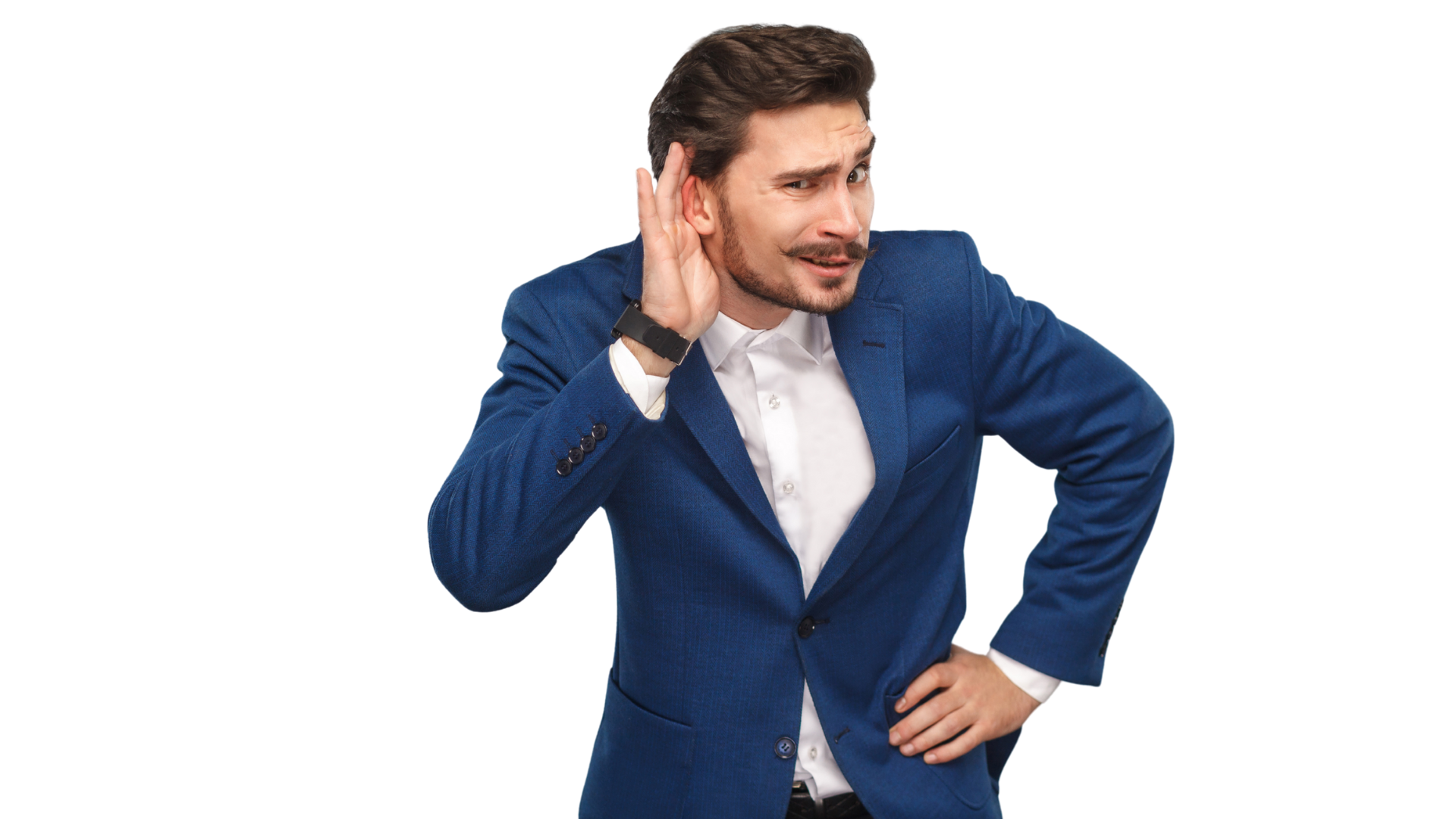 Professional man in a blue suit listening attentively, symbolizing the importance of deep listening 