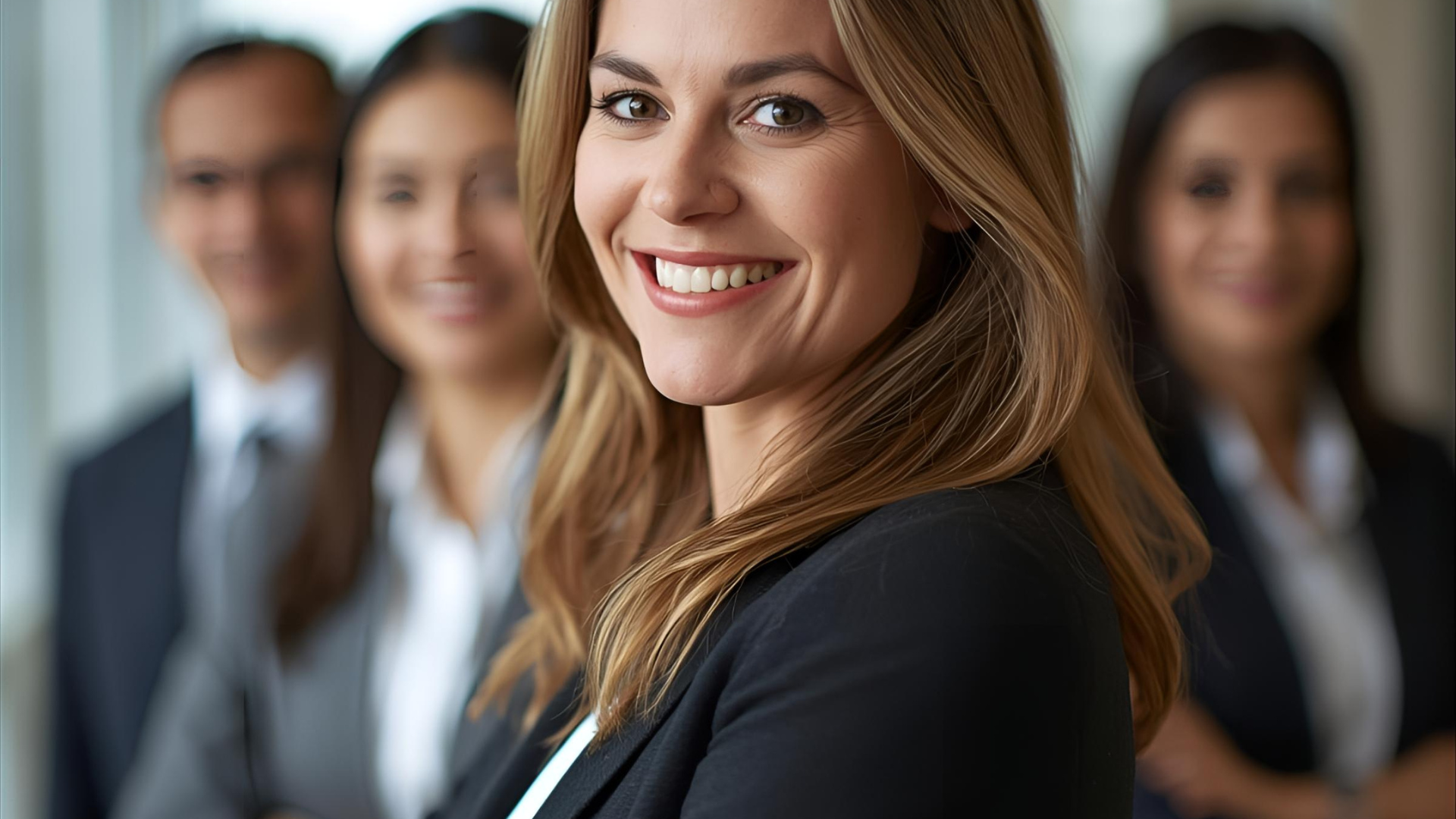 Woman in a black blazer smiles, stands in front of a blurred group in business attire.