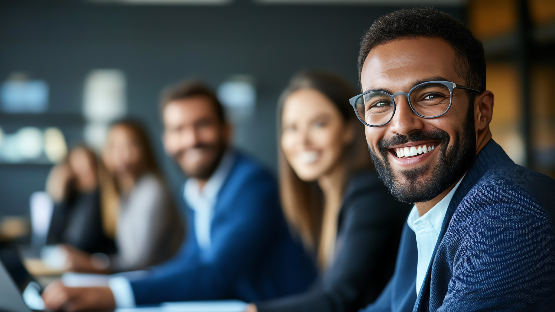 Group of colleagues in a meeting, focused on a smiling man wearing glasses and a blue blazer.