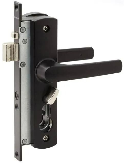 Black Door Lock With Lever Handles and a Keyhole — Innisfail Glass & Aluminium in Innisfail, QLD