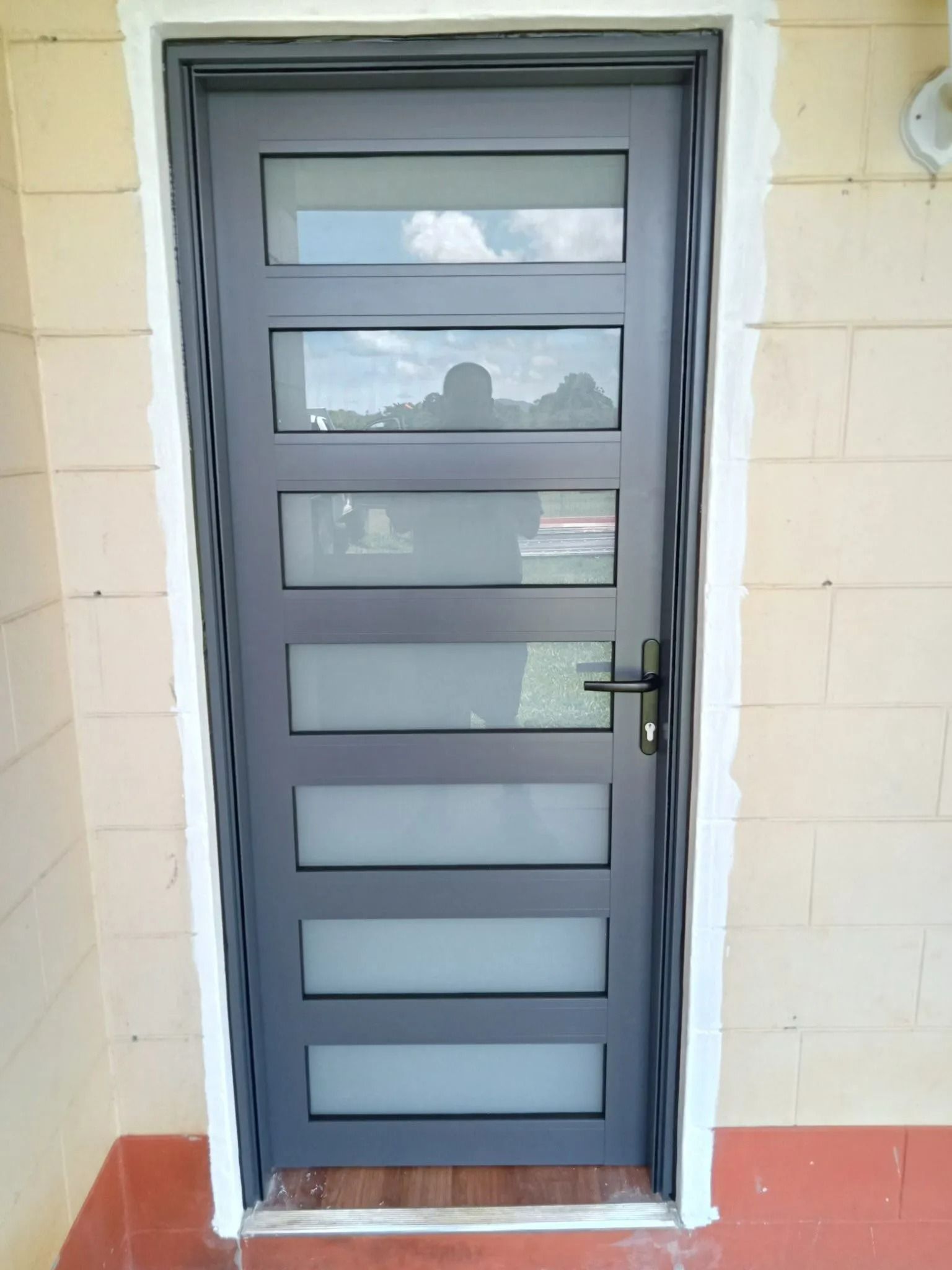 Gray Door With Six Frosted Glass Panels — Innisfail Glass & Aluminium in Innisfail, QLD
