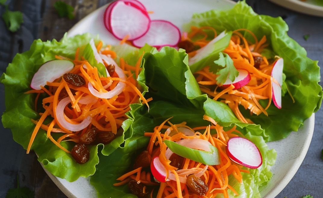 A close up of a plate of food with carrots , lettuce , radishes and raisins.