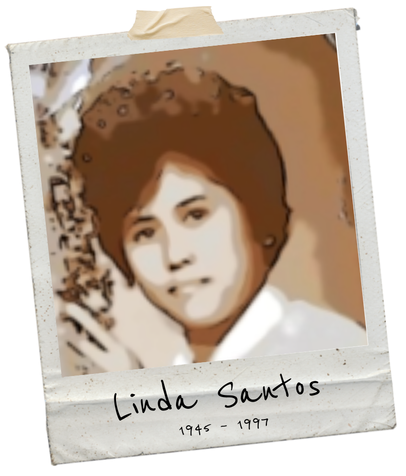 A polaroid picture of linda santos is taped to a piece of paper