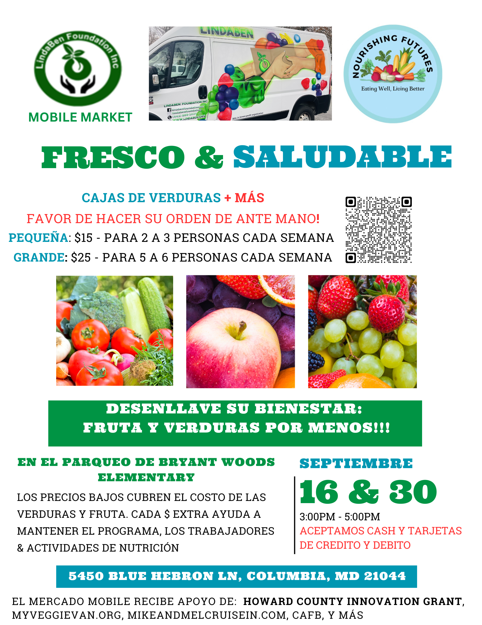 A flyer for fresco & saludable shows fruits and vegetables