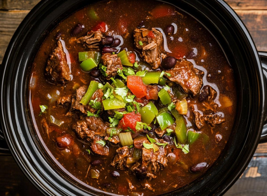A pot of chili with meat , beans , and vegetables on a wooden table.