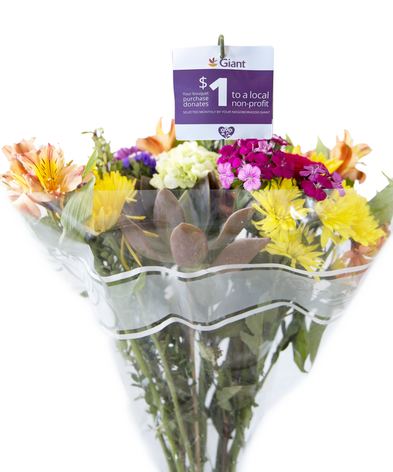 A bouquet of flowers with a tag that says $ 1