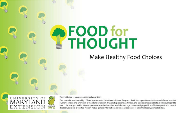 A green background with a light bulb and the words `` food for thought '' on it.