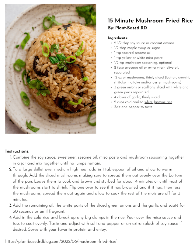 A recipe for 15 minute mushroom fried rice with rice and mushrooms on a plate.