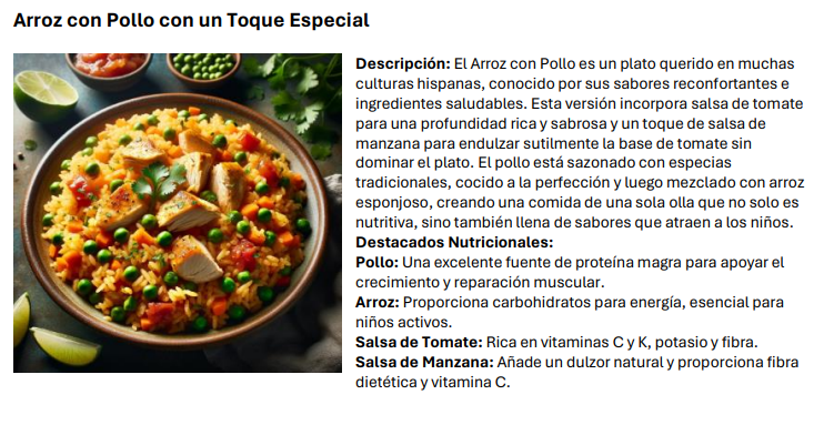 A picture of a bowl of food with a recipe in spanish