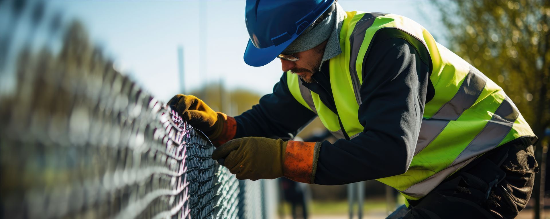 Construction worker in safety gear securing a chain link fence outdoors.