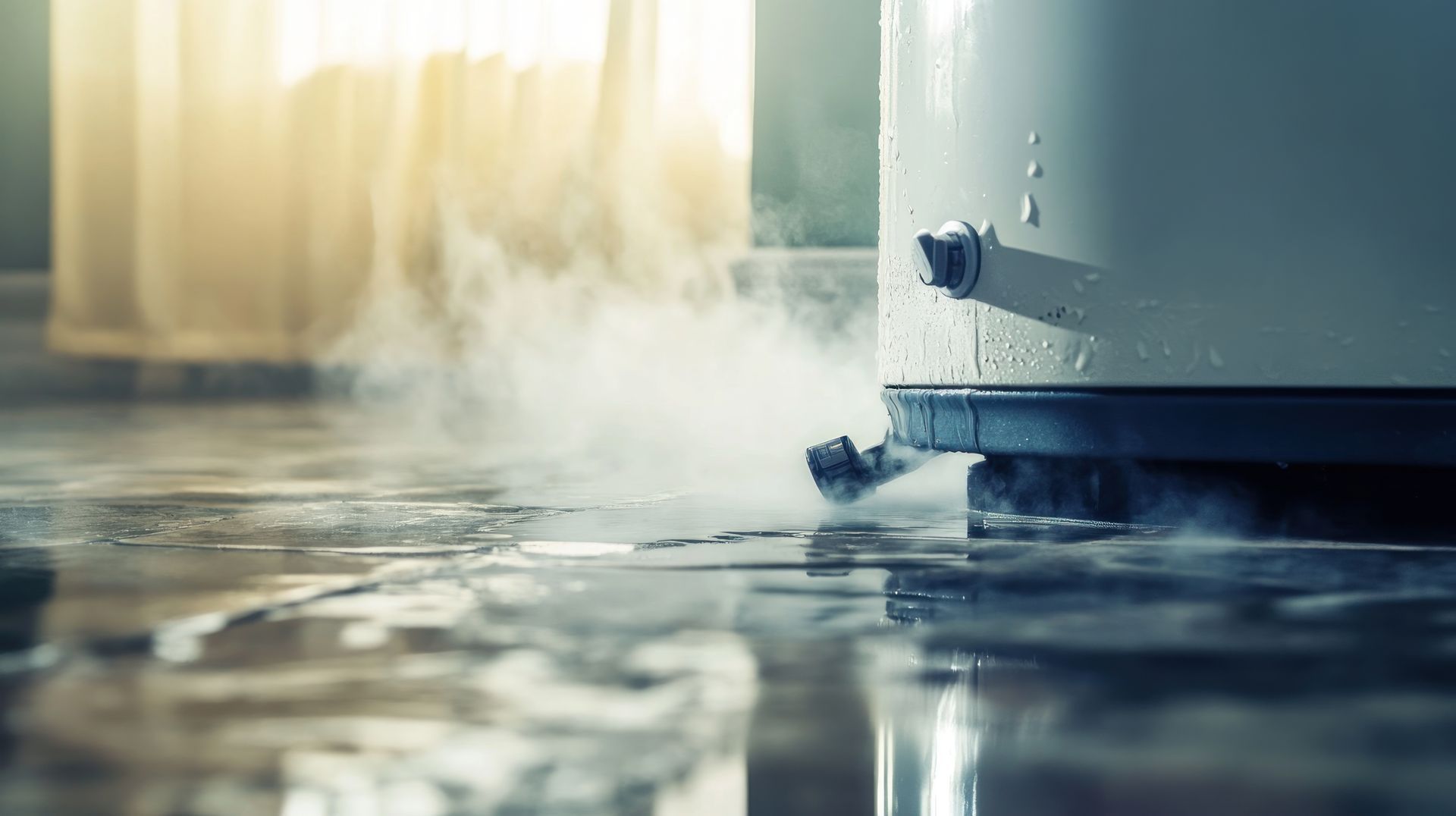 A leaking water heater spews steam and water onto a flooded floor.