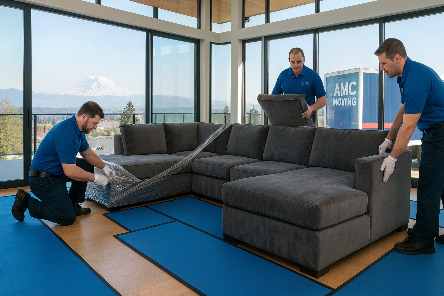 Three movers wrapping a gray sectional sofa in a living room with a mountain view.