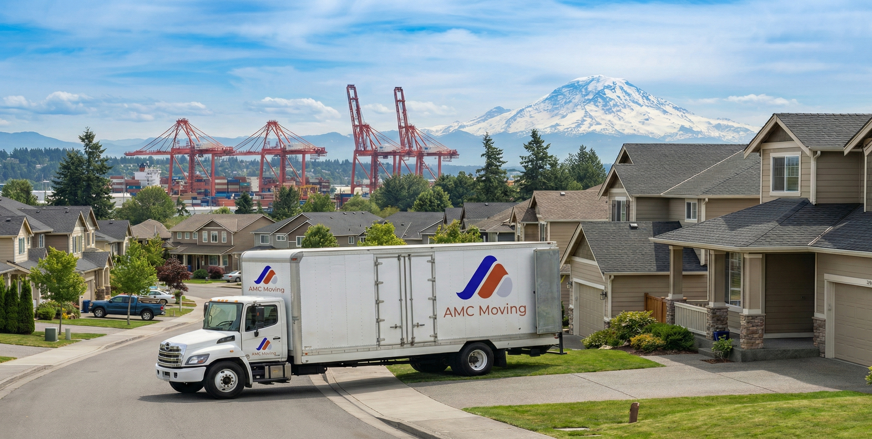 Moving truck on suburban street with port and mountain backdrop.
