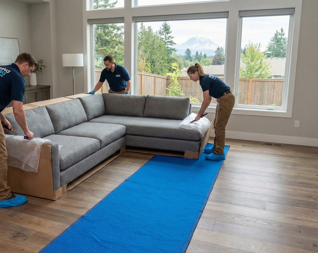 Movers wrapping a gray sectional sofa in a living room with wood floors.