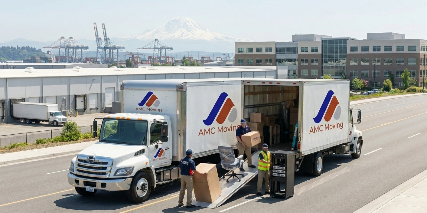 Movers loading a truck in a residential neighborhood with a mountain visible in the background.