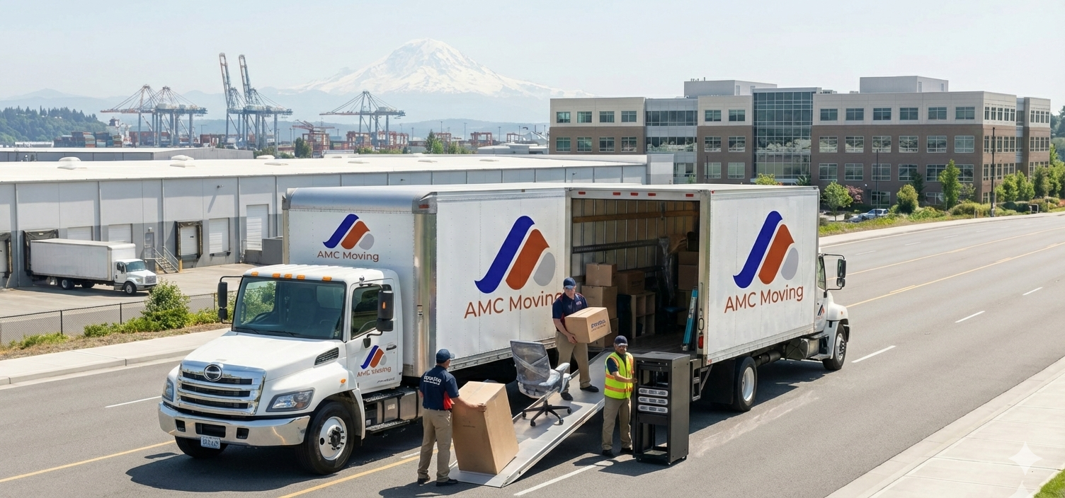 Moving truck from America Moving & Storage, loading boxes and equipment on a ramp. Buildings and mountain in the background.