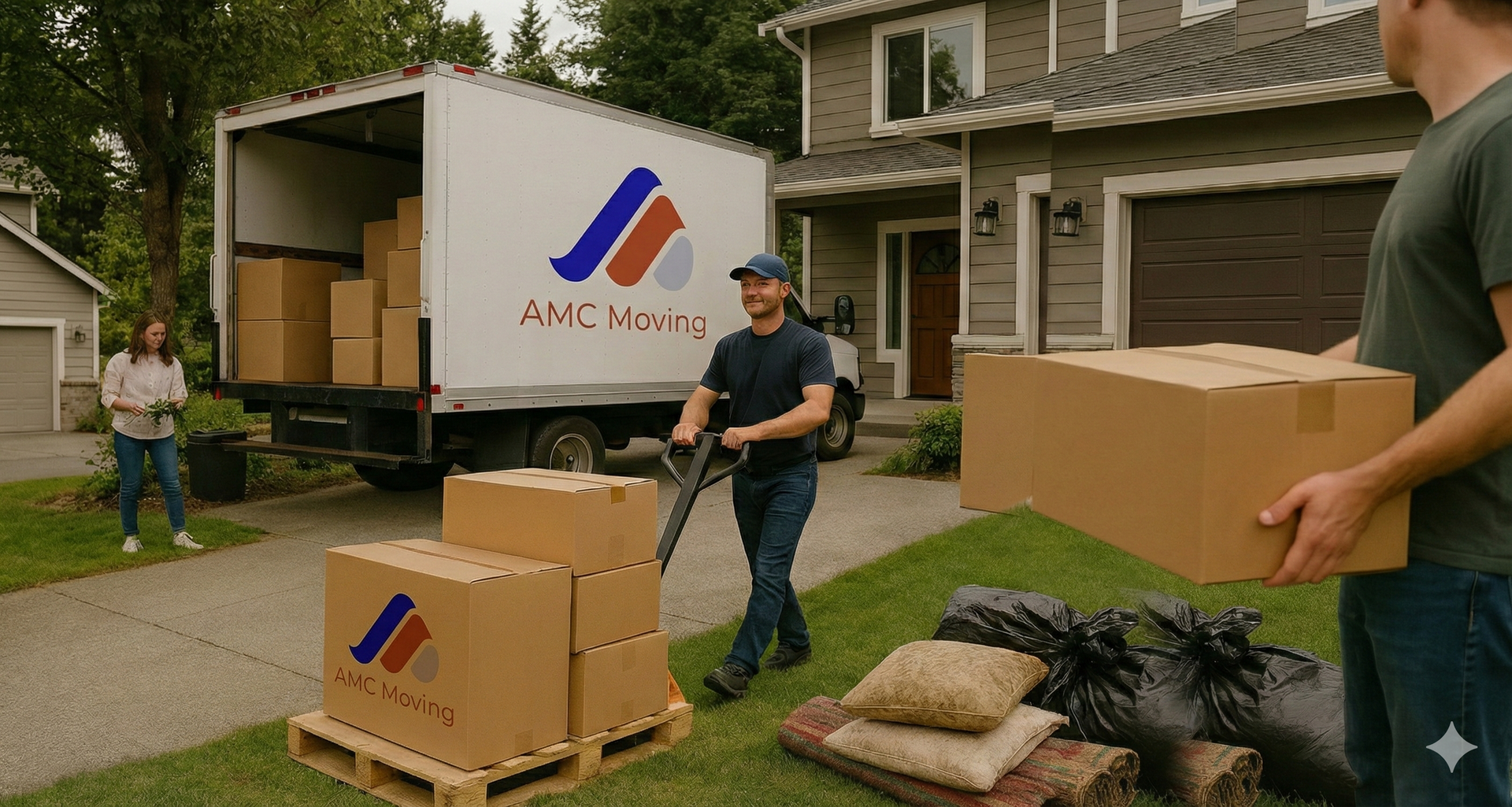 Moving truck with crew unloading boxes and furniture on a road with mountains and buildings in background.