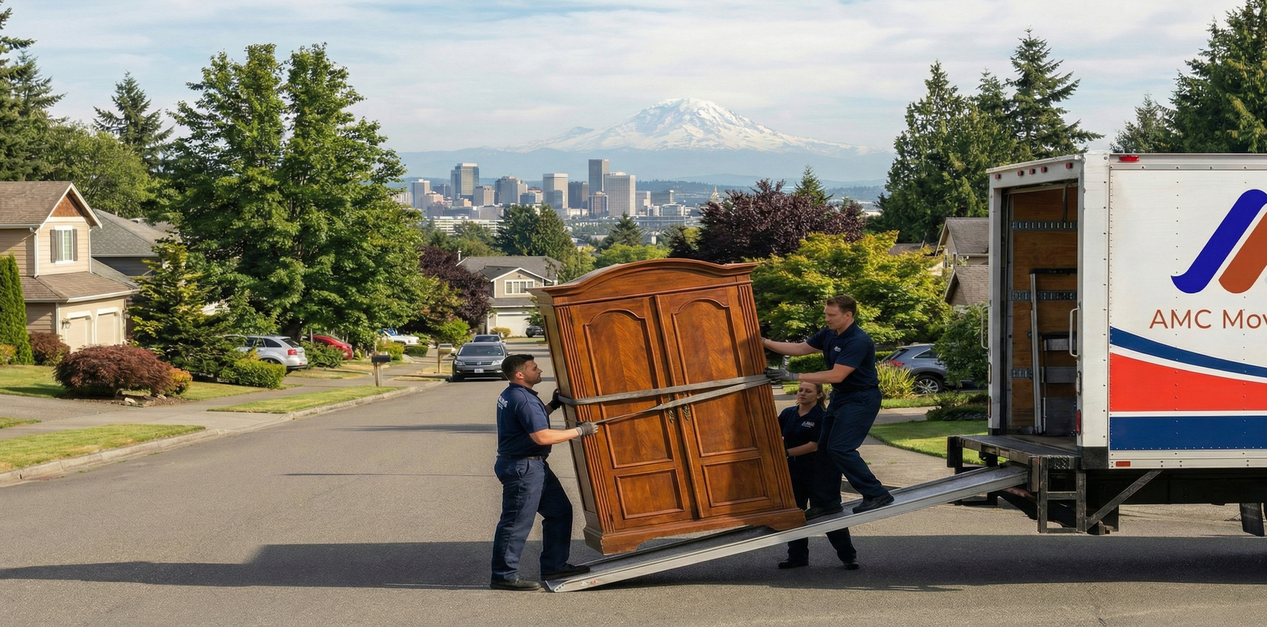 Movers loading a large wooden cabinet onto a truck on a suburban street, city skyline and mountain in the background.
