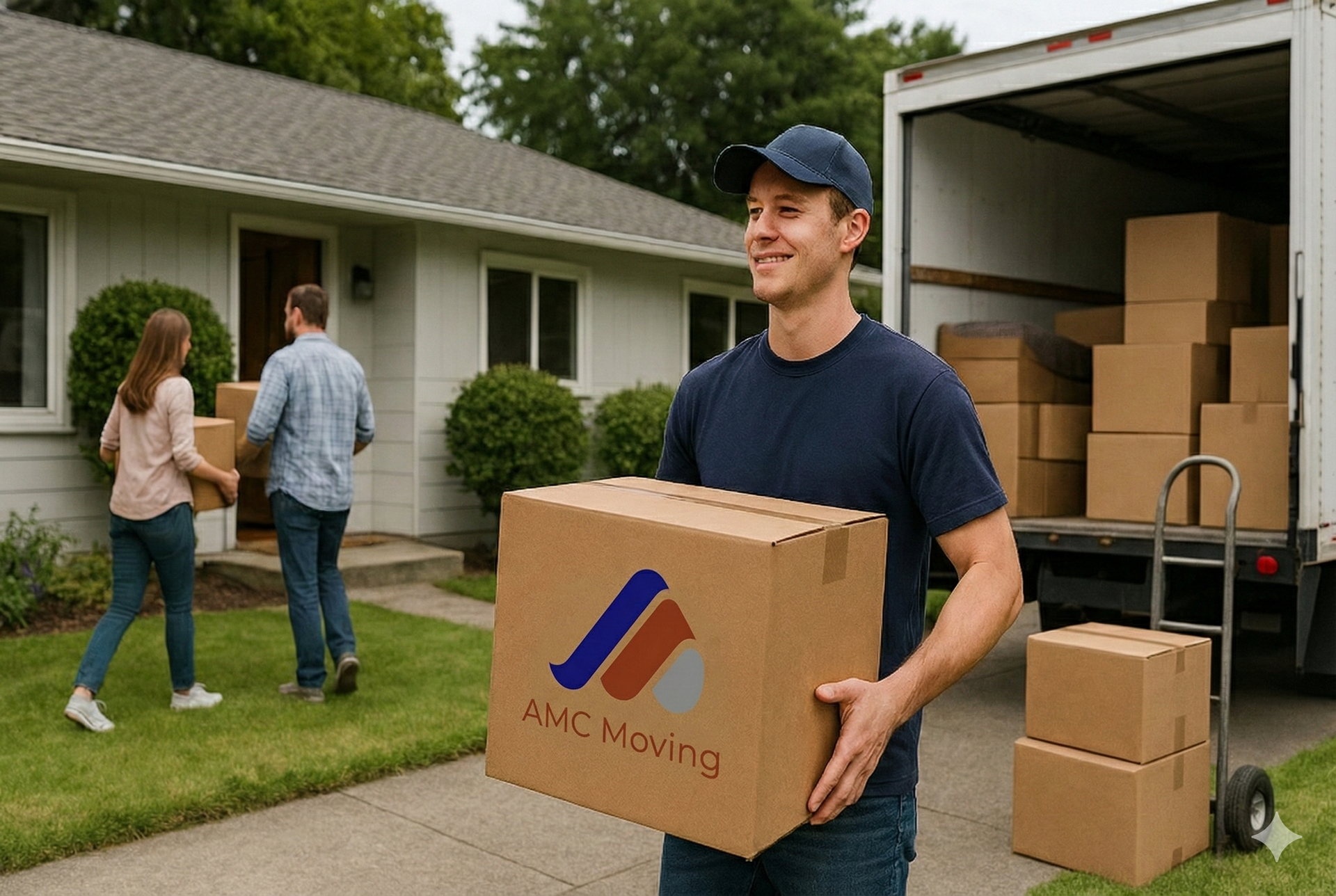 Moving truck parked on a road, with movers loading furniture. Scenic rural setting with fields and trees.