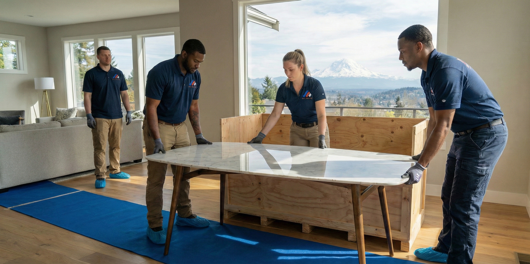 Movers carrying a large table in a sunlit room with scenic views.