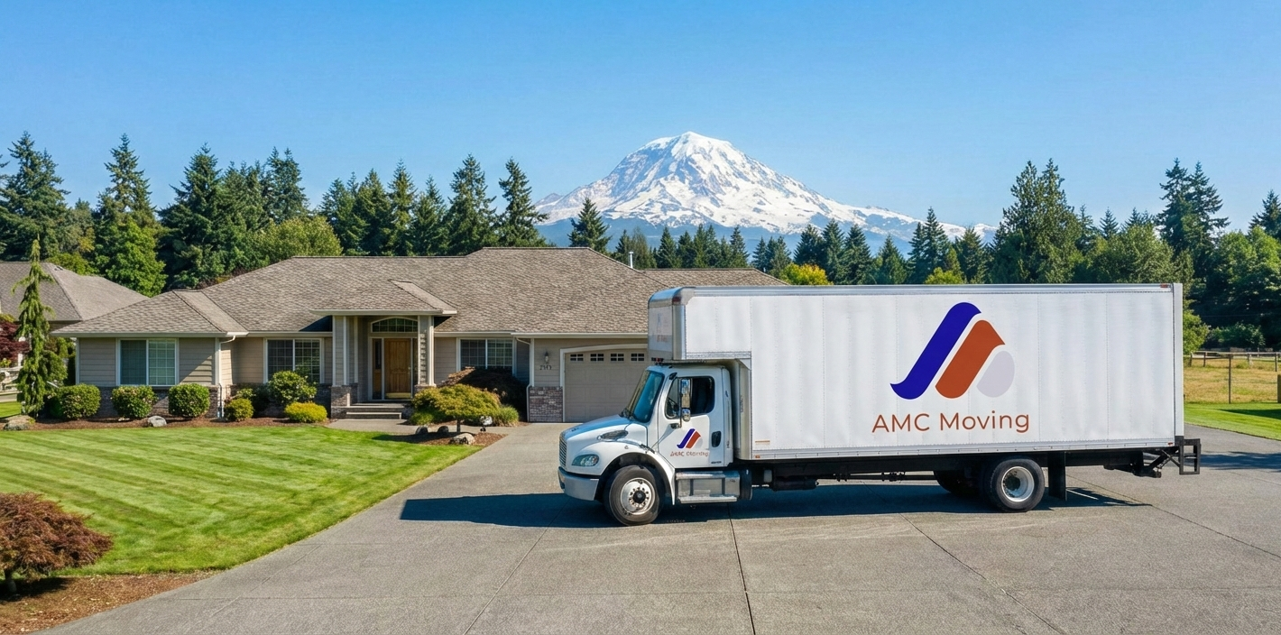 Moving truck from America Moving Company unloading near a building with water in the background.