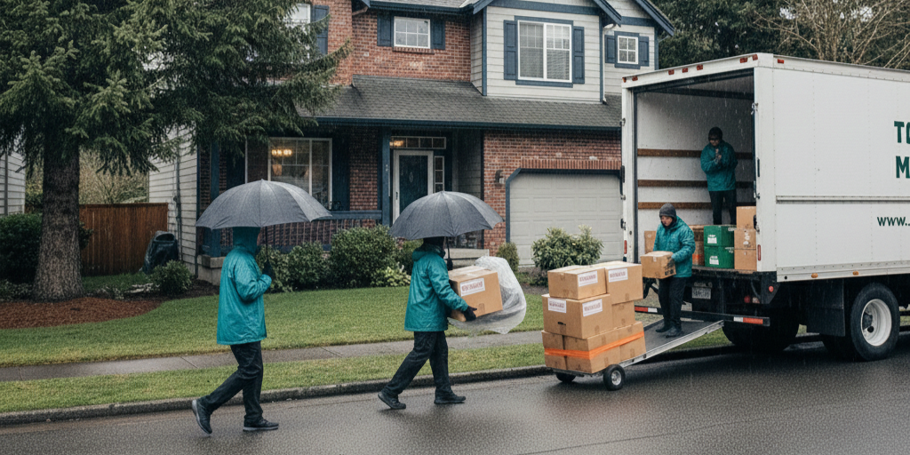 Movers loading boxes from a truck into a house on a rainy day.