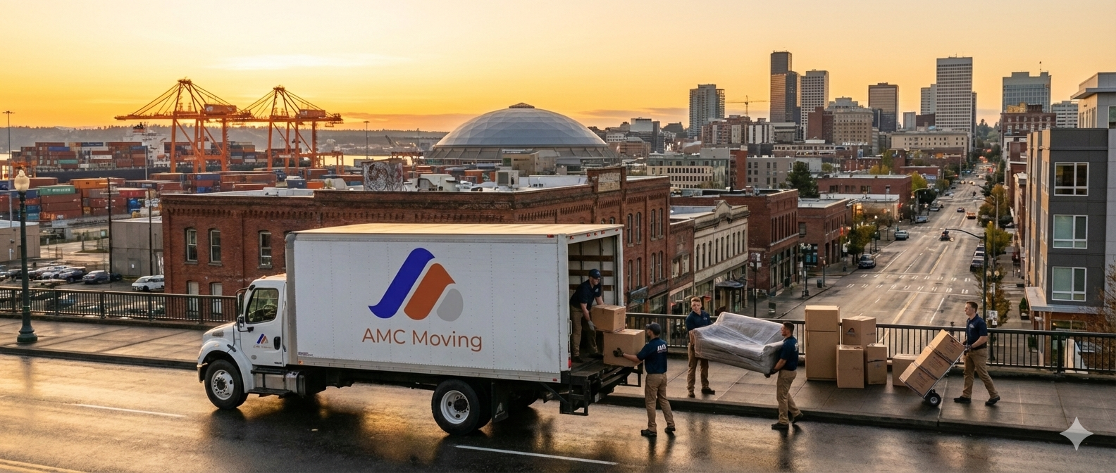 Moving truck unloading furniture on city street at sunset.