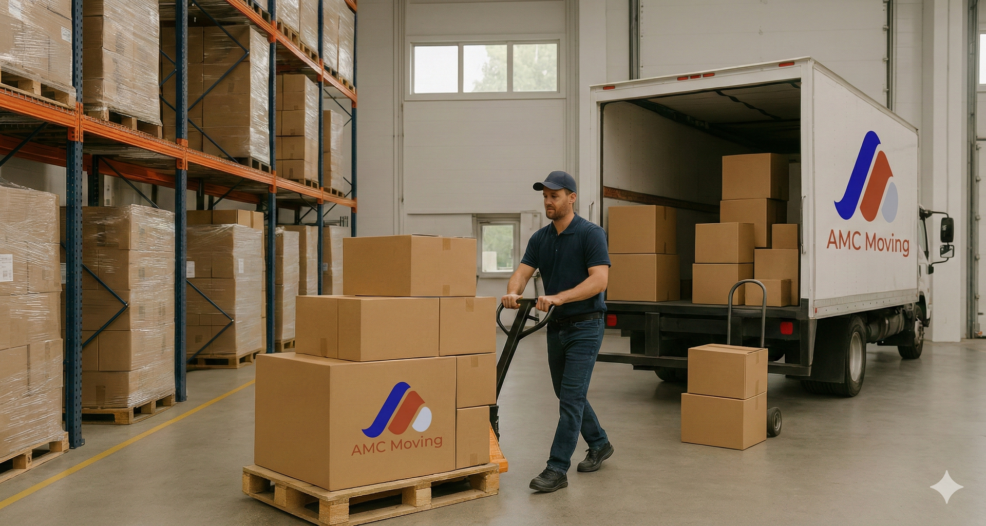 Moving truck unloading furniture on a city street; workers in blue shirts, brick buildings, and a mountain in the background.