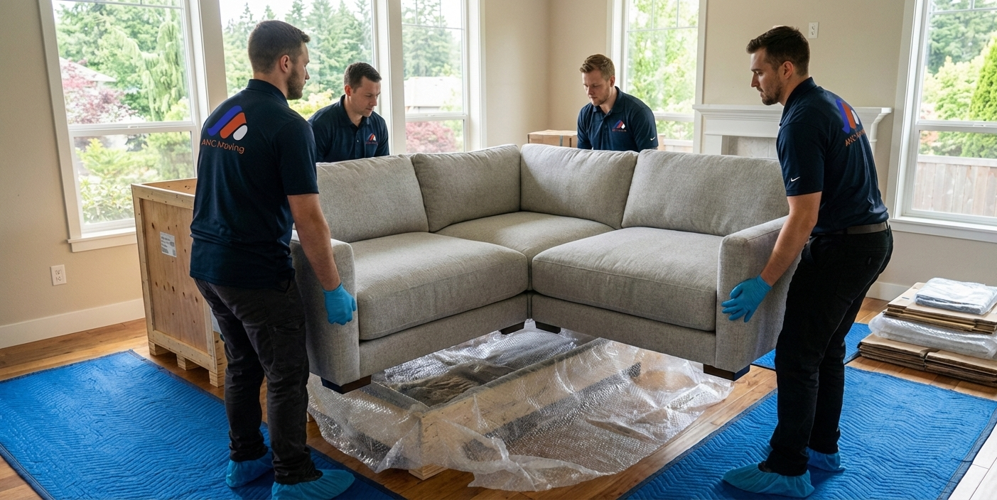 Four movers carrying a sectional sofa inside a home; they are wearing uniforms and moving supplies.