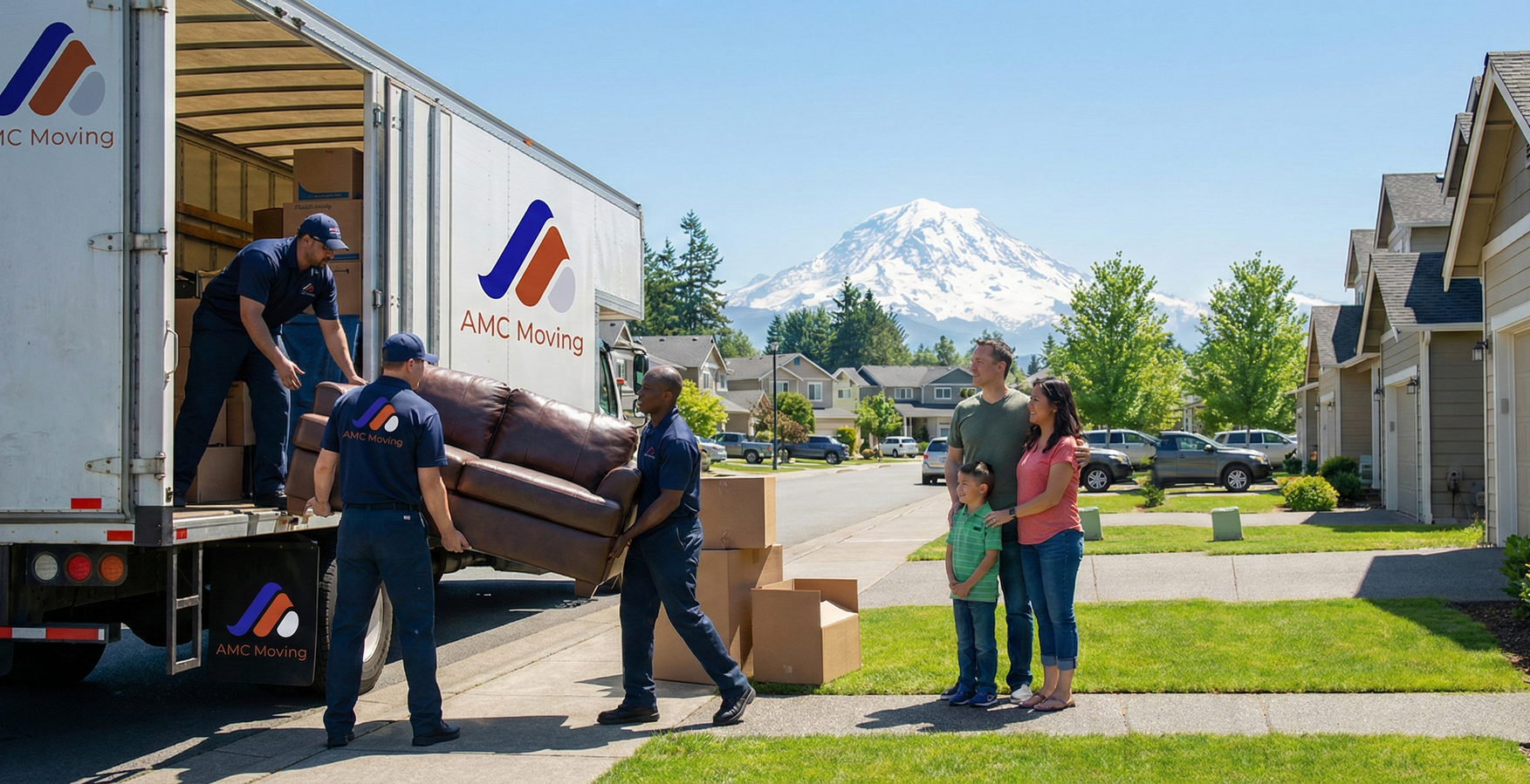 Workers loading junk into a truck; mountain in background.