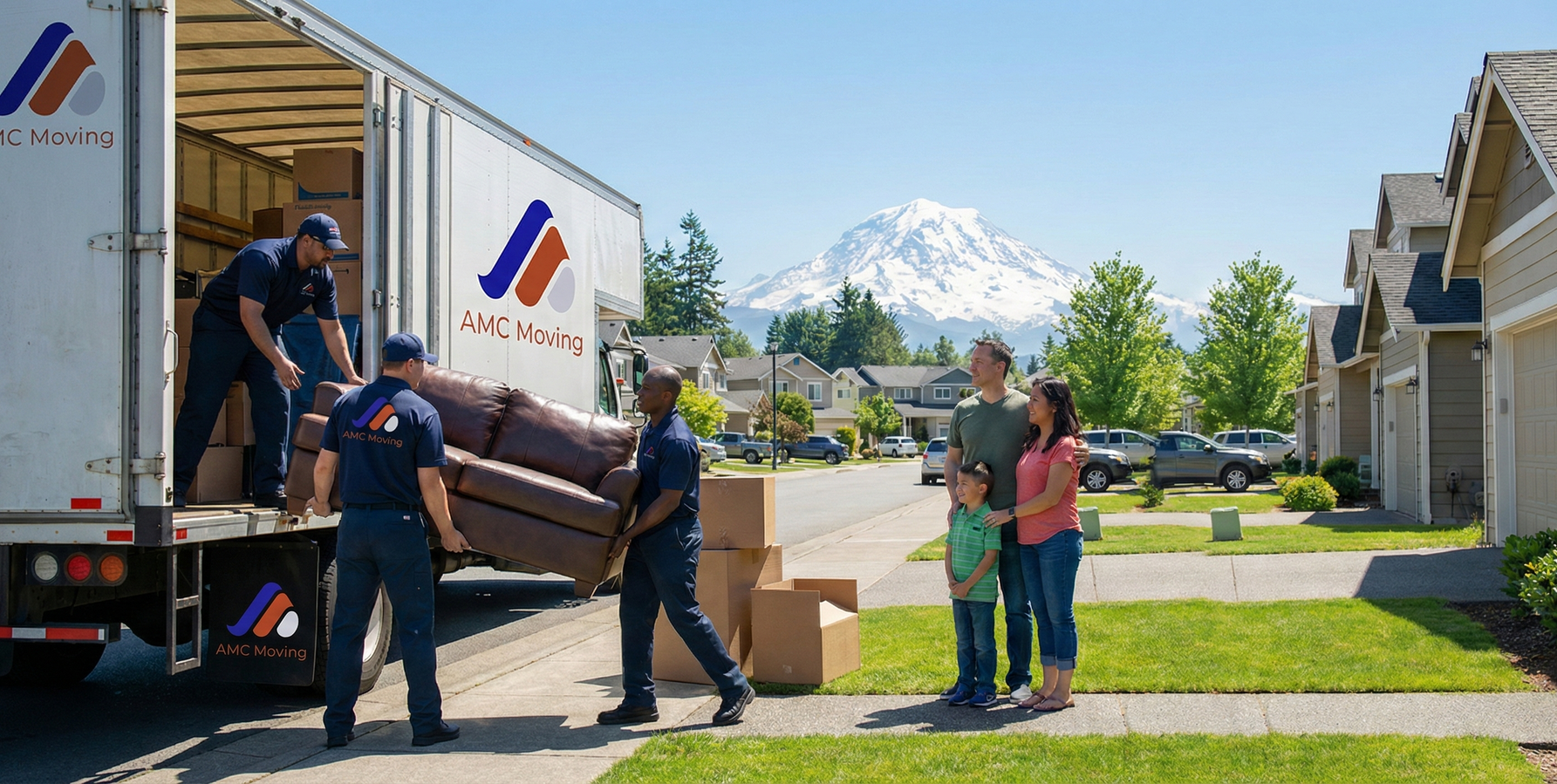 Movers carrying a gray sectional sofa into a sunlit room with hardwood floors.