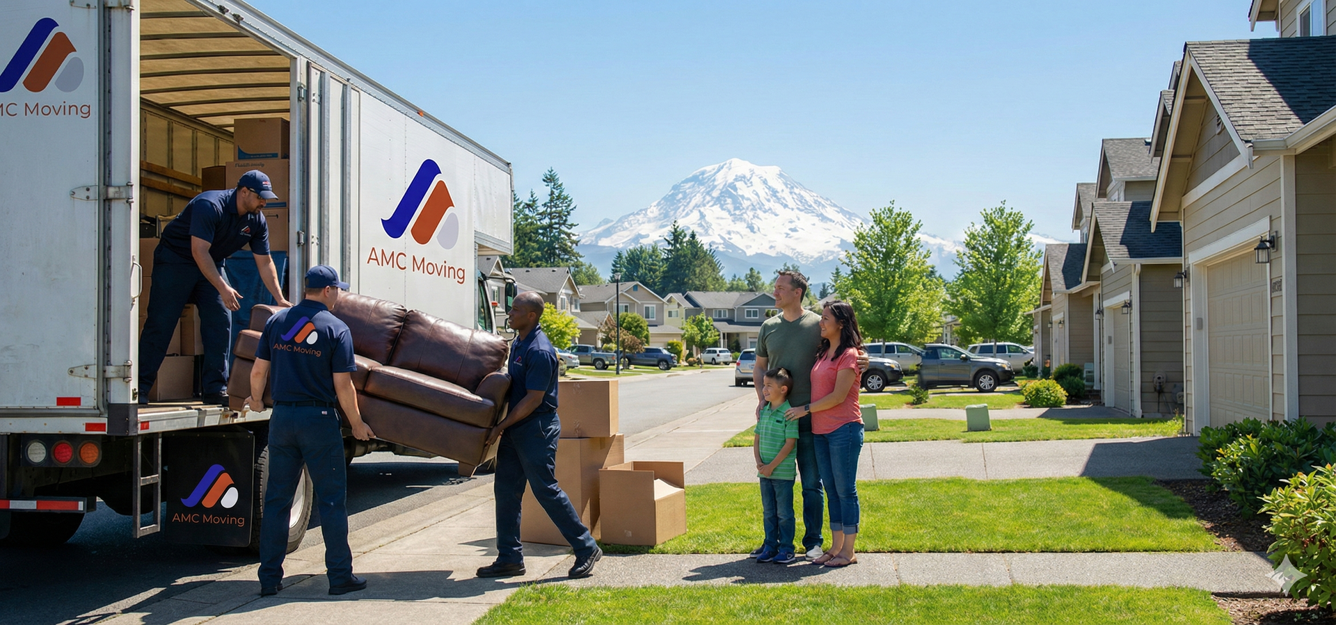 Two movers handling a wrapped dining table in a bright room. Blue floor runner, front door open.