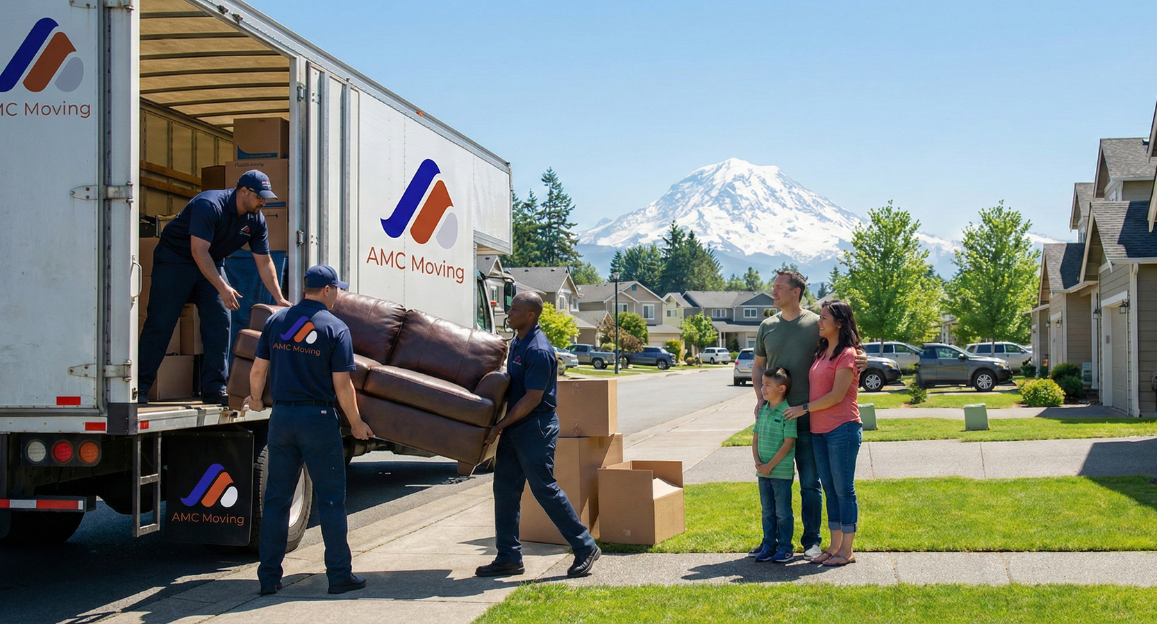 Movers unloading a truck in front of a family, sunny day. Mountain in background.