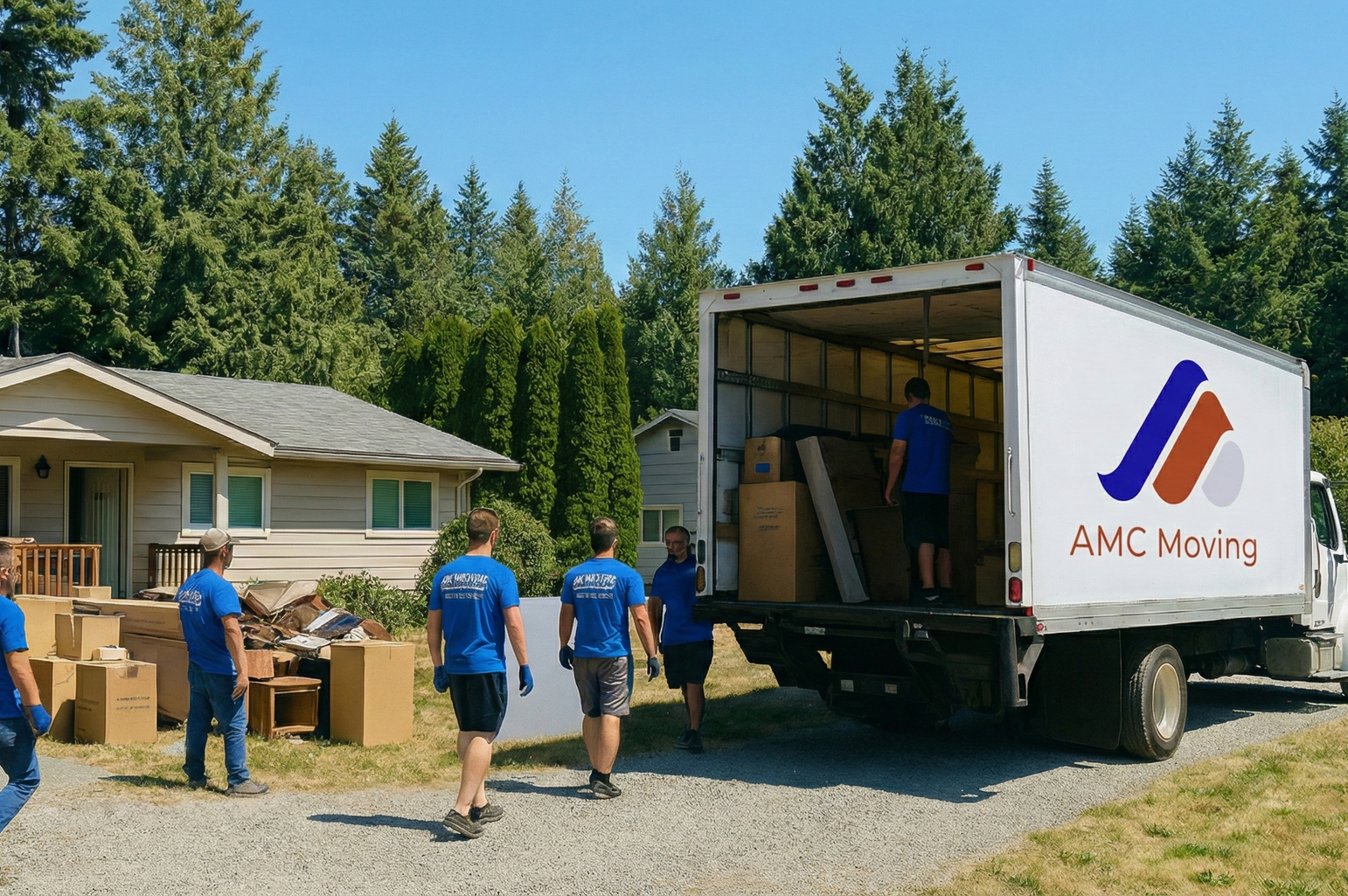 Movers loading a moving truck in front of a house on a sunny day. Boxes and furniture are outside.