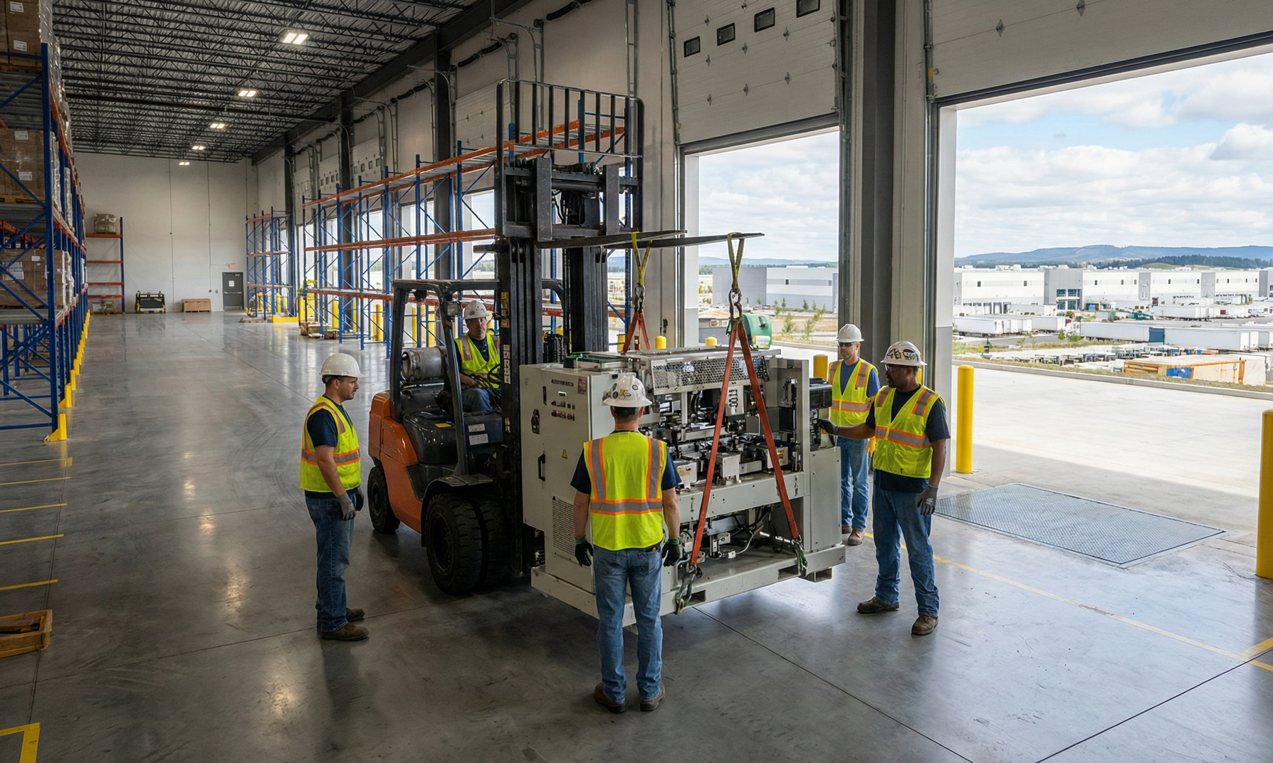 Forklift moving equipment with workers in a warehouse, wearing safety vests and hard hats, near open loading docks.