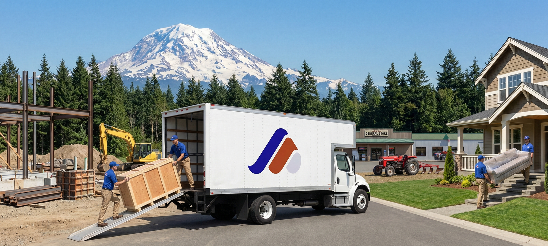 Moving truck unloading furniture at a house. Two workers carrying a mattress, two loading wooden crates. Mountains in background.