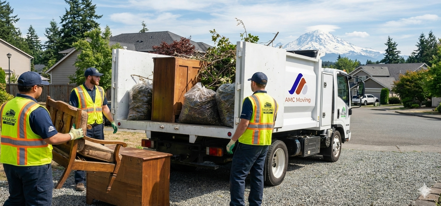 Three workers loading junk into a white truck with a mountain in the background.