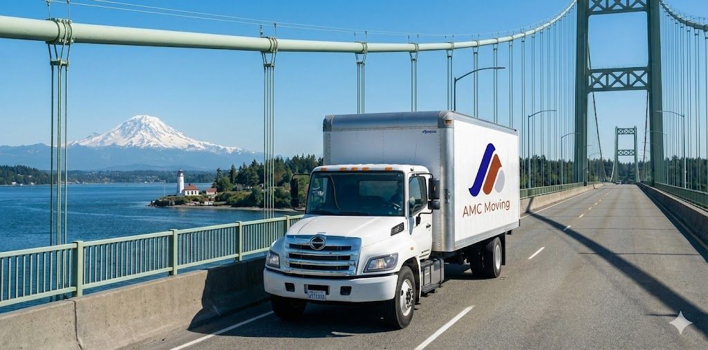 White delivery truck on bridge, mountain in background, blue sky.