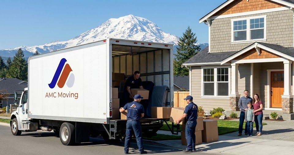 Movers loading a truck in front of a house as a family watches, mountain backdrop.