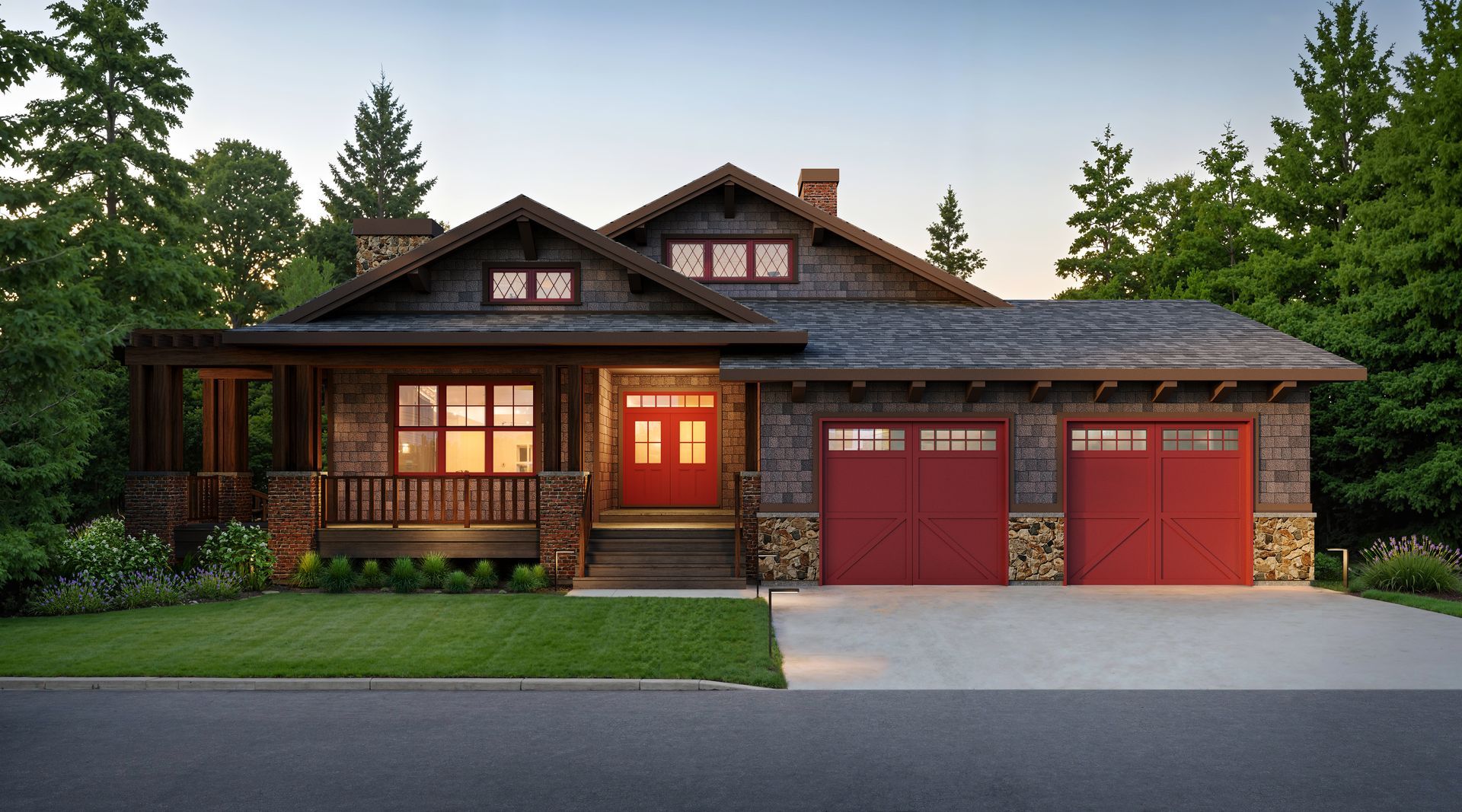Cozy craftsman-style house with warm lit windows, red double garage doors, and a tree-lined front yard at dusk