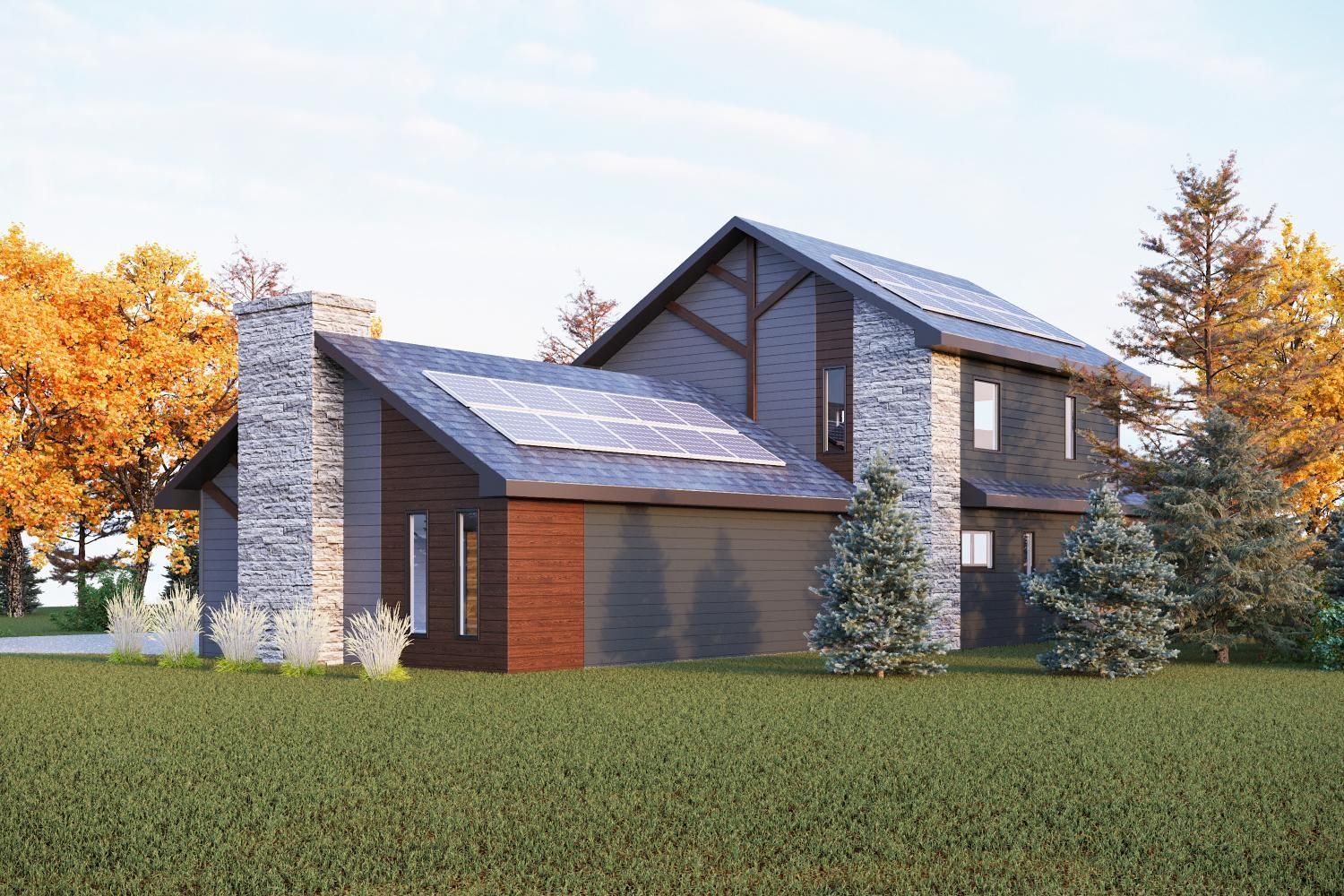 A modern two-story home with wood siding, stone chimneys, and solar panels on the roof, set in a grassy landscape.